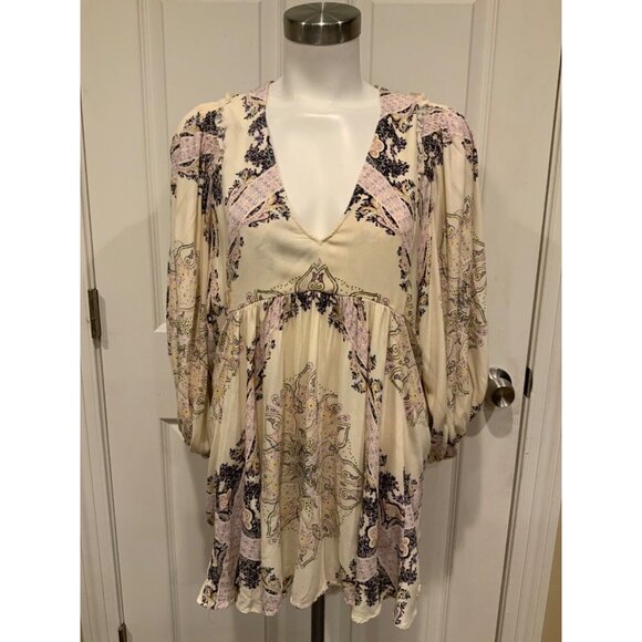 Free People "Girl Talk" Cream w/Multicolor Paisley Pattern Shirt, Size S - Picture 1 of 9